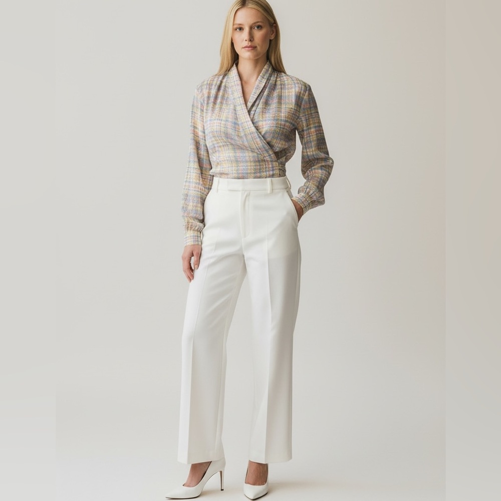 VTG Plaid Silk Blouse Drape Surplice Wrap Look Plaid Pastel Office Career Large
